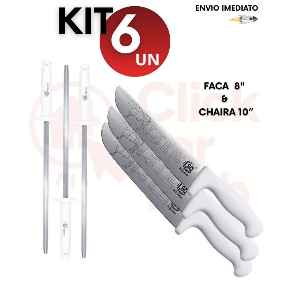 Kit 6 4 2 Peças Facas Profissional Açougueiro Churrasqueiro 8” + Chaira 10” Inox Amolador Afiador
