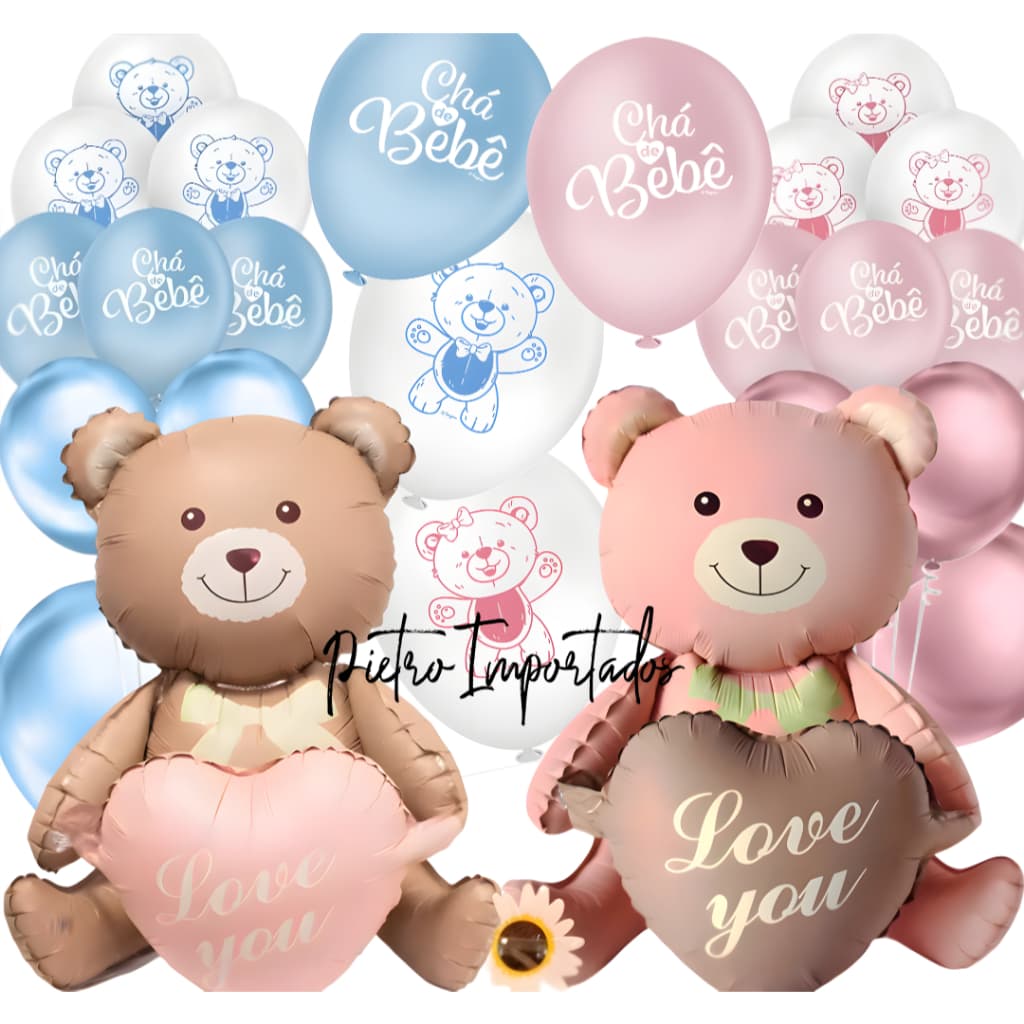 Kit balão Chá Revelação 2 Pcts Azul E Rosa Balões 9 Pol. 10 UNID+ 2 Ursos Rosa E Marrom