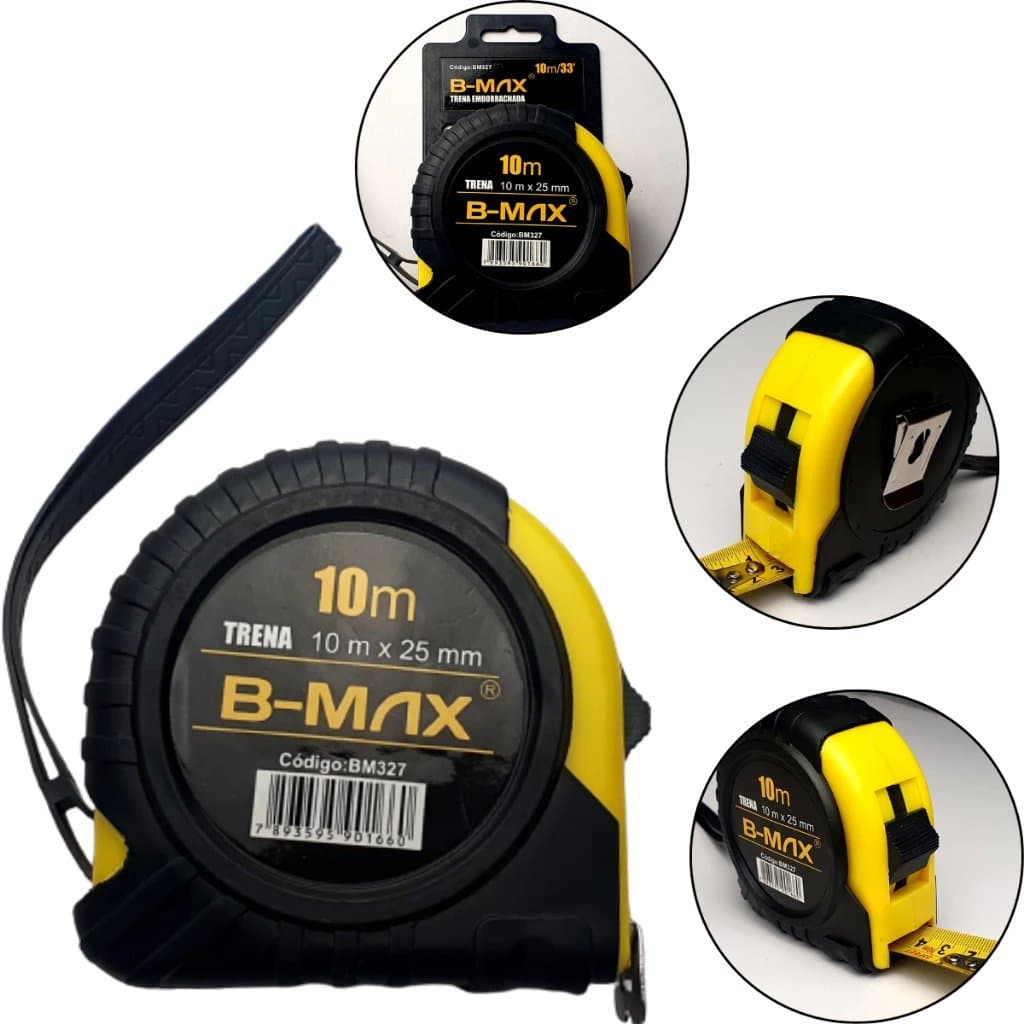 Trena Emborrachada com Fita de Aço, 5m x 18mm, com Trava e Clipe para Cinto, Amarelo e Preto