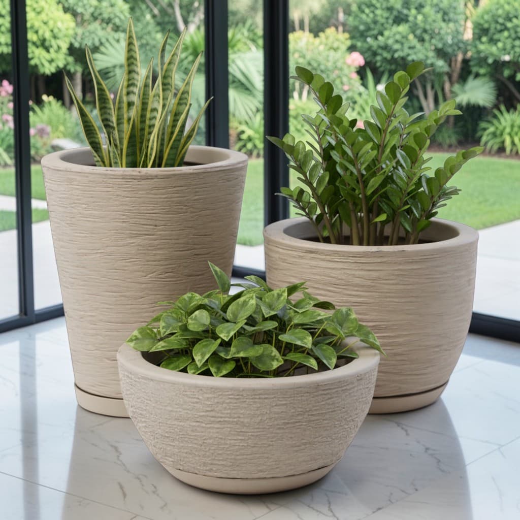 Kit 3 Vasos Coluna Bojo Bacia para Jardim e Decoração em Polietileno Resistente com Prato Coletor