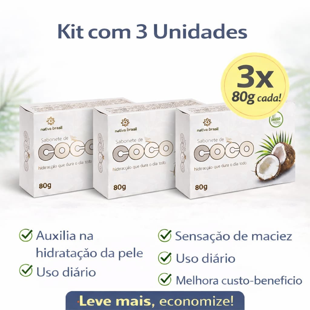 Kit com 3 Sabonetes de Coco 90g – Hidratação que Dura o Dia Todo  Pele Macia e Cheirosa cicatrizante
