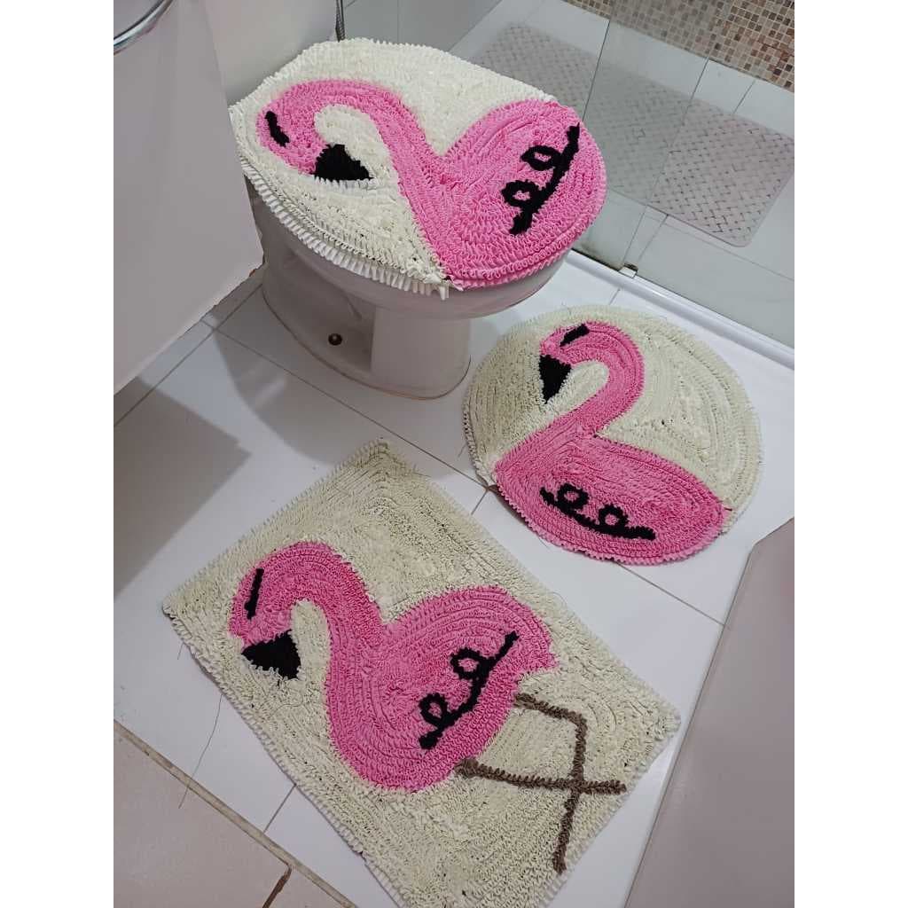 Conjunto de tapetes artesanais frufru de banheiro Flamingo - decoração