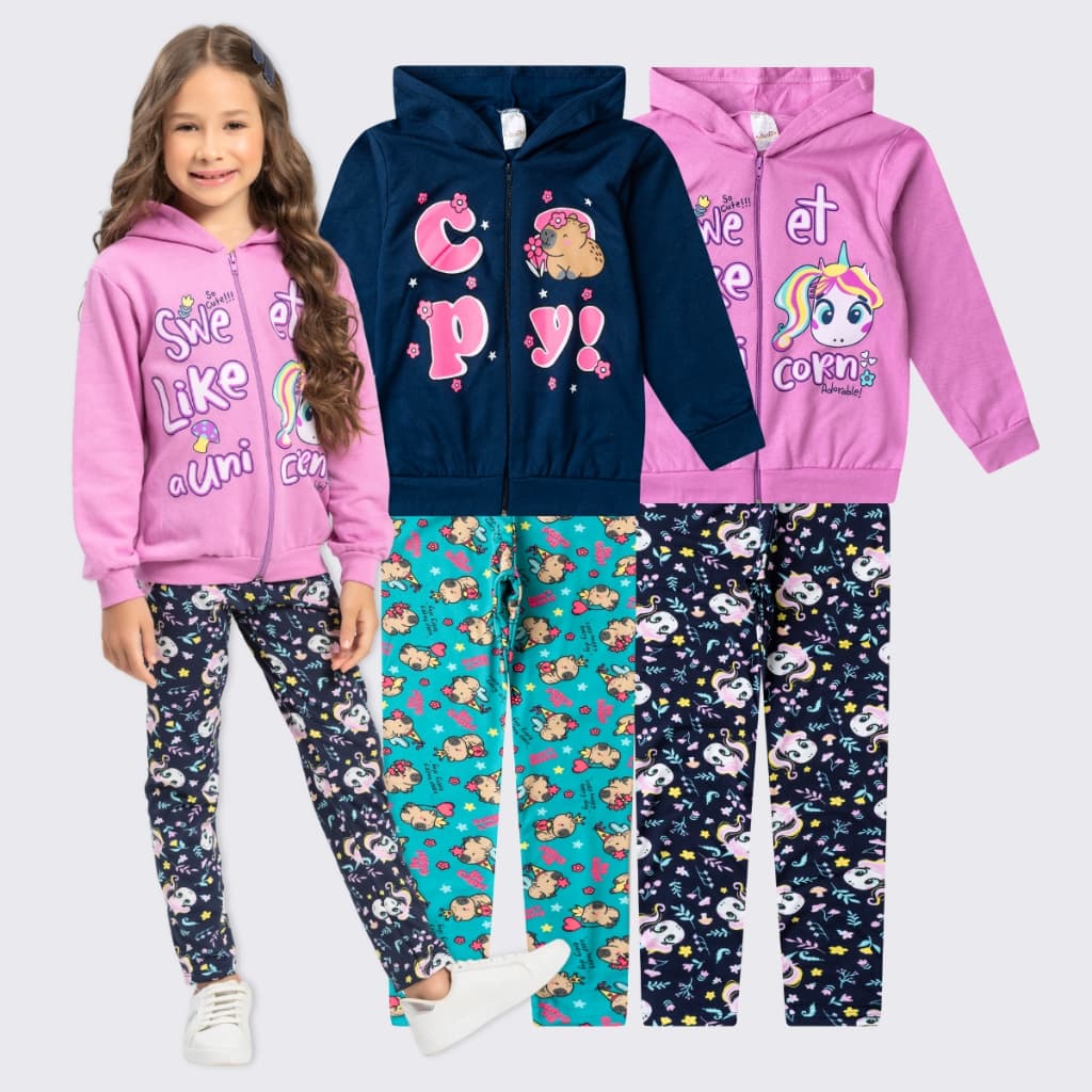 Kit 4 Peças 2 Conjunto Moletom Infantil Menina Inverno Jaqueta Ziper