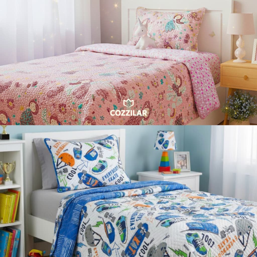 Colcha Cobre Leito Infantil Solteiro 240x160cm 100% Poliéster com Porta Travesseiro Cozzilar