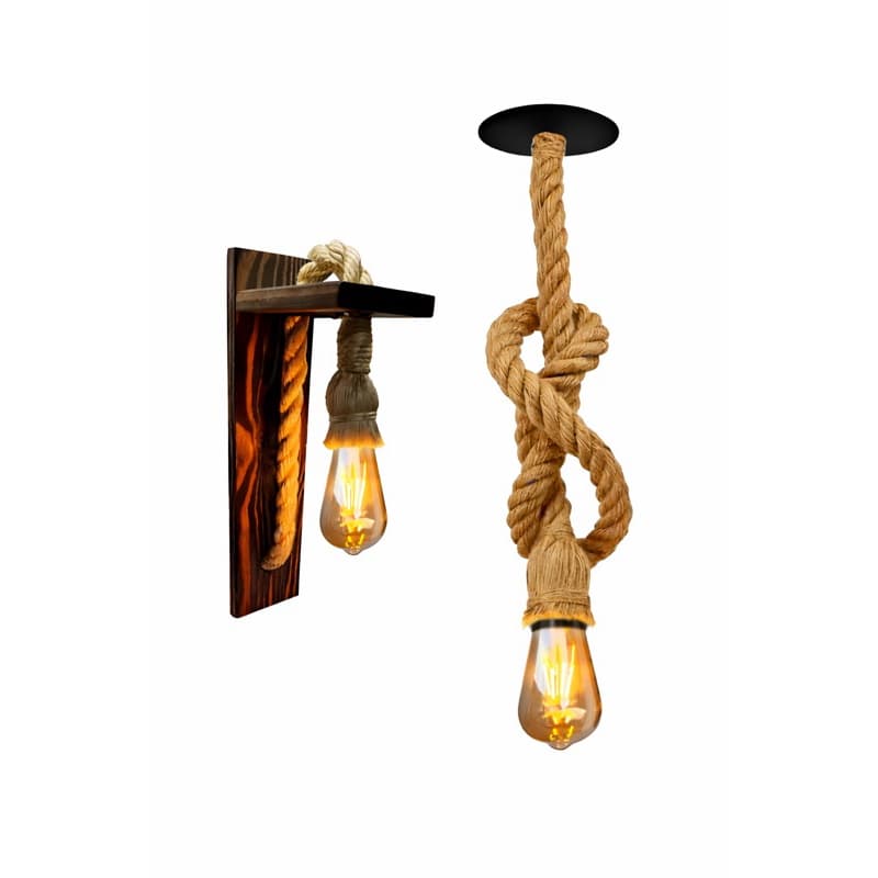 Luminária Pendente + Arandela de Parede Rústica Madeira e Corda Sisal Vintage