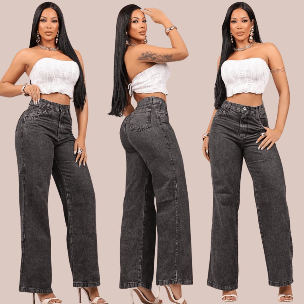 Calça Wide Leg CINZA Black Marmorizada Jeans Cintura Alta Feminina