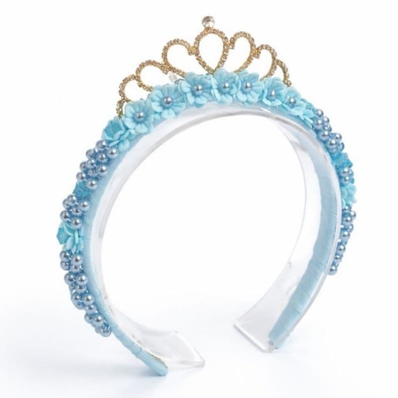 Tiara Infantil Cinderela Azul Serenity Luxo com Pérolas e Coroa – Festa Aniversário Princesa