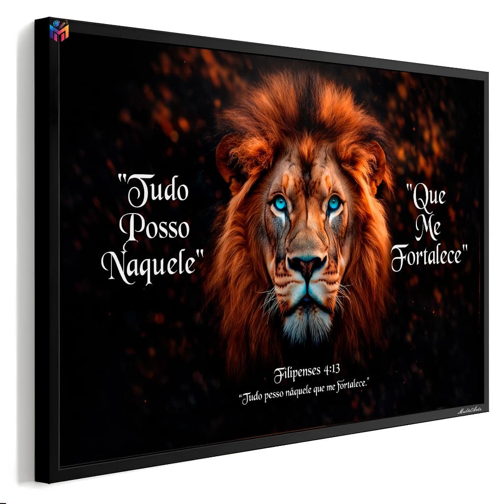 Quadro Decorativo Leão de Judá Religioso Sagrado "Tudo Posso Naquele Que Me Fortalece" Casa Sala Quarto Decoração Hall