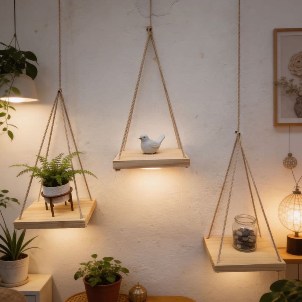 KIT ATÉ 4 PRATELEIRA SUSPENSA NICHO DECORATIVA MDF SISAL PAREDE RÚSTICO MODERNO SALA COZINHA BANHEIRO