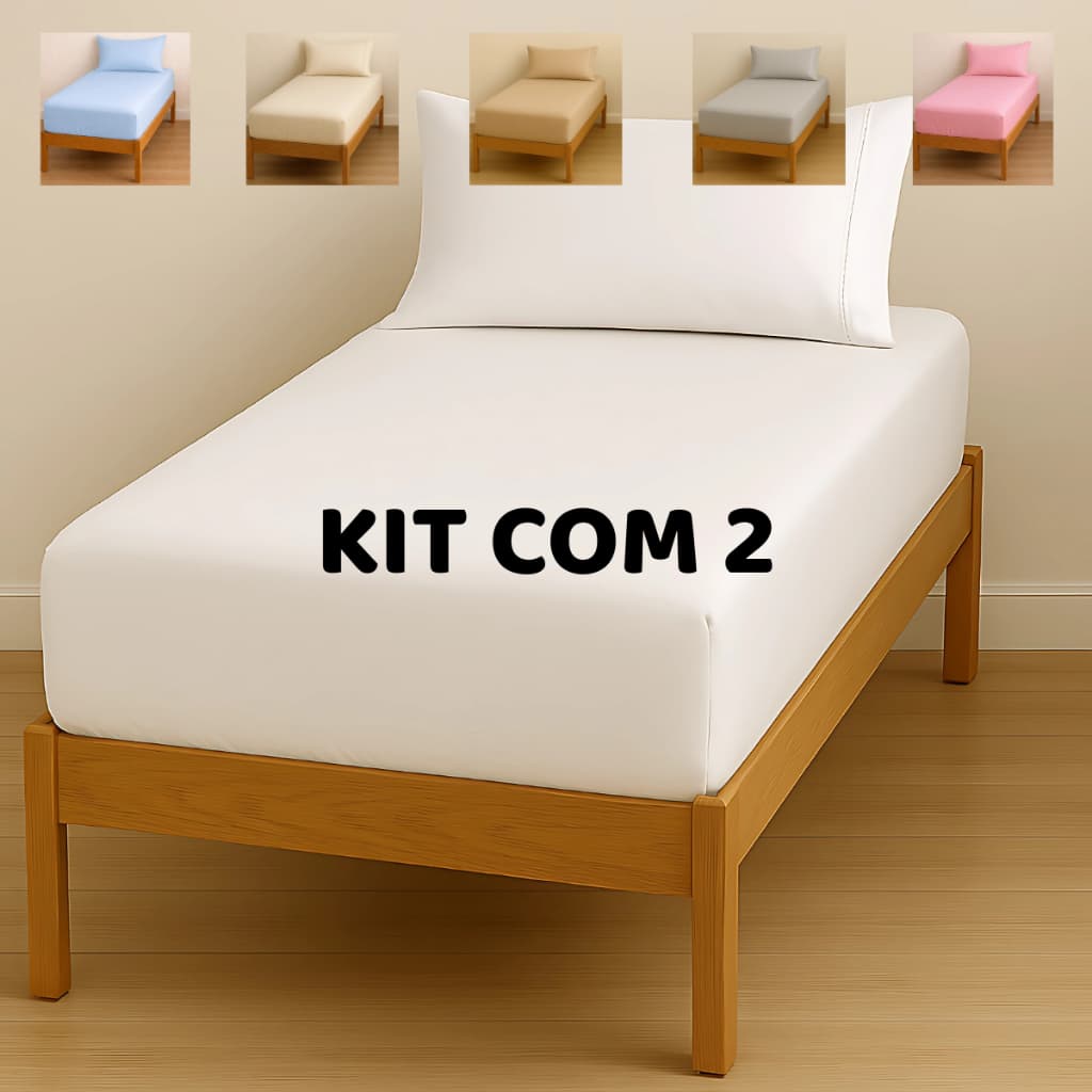 KIT COM 2 JOGOS DE LENÇOL SOLTEIRO ALGODÃO 180 FIOS COM ELÁSTICO E DETALHE EM PONTO PALITO