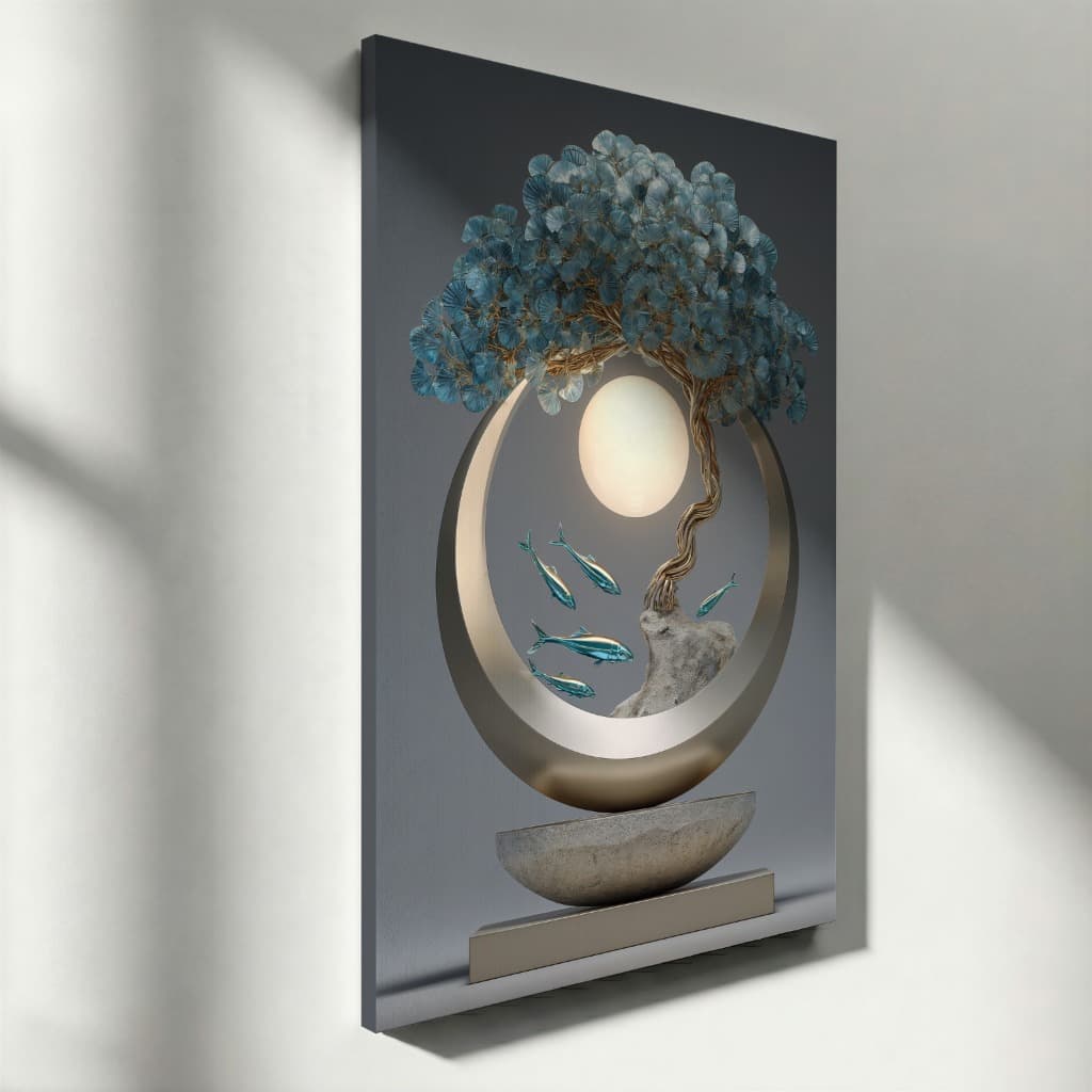 Quadro Decorativo Árvore Azul 3D Arte Moderna Escultura Circular Peixes Tela Vertical Luxo