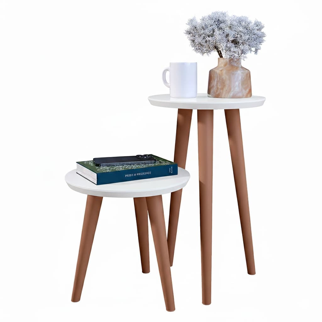 Conjunto Jogo de Mesa Apoio Lateral Para Sala de Estar Decoração Redonda Pés Palito COR BRANCO