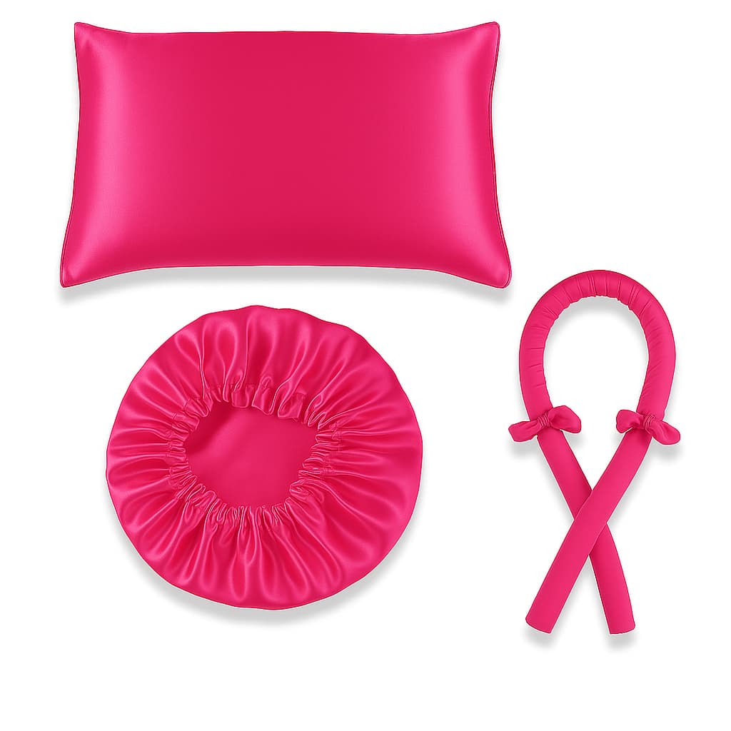 Kit Cetim 1 Touca de Cetim + 1 Fronha de Cetim + 1 Modelador Curling Rod + 2 Xuxinha Cacho Cor Rosa