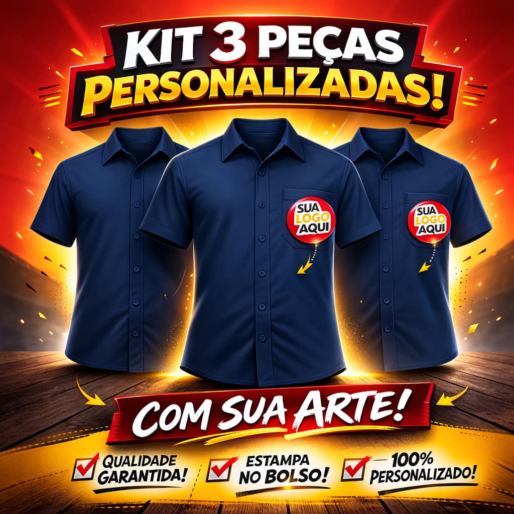 Kit 3 Camisas Sociais Microleve Personalizada Logo Frente DTF Manga Curta Uniforme Fardamento