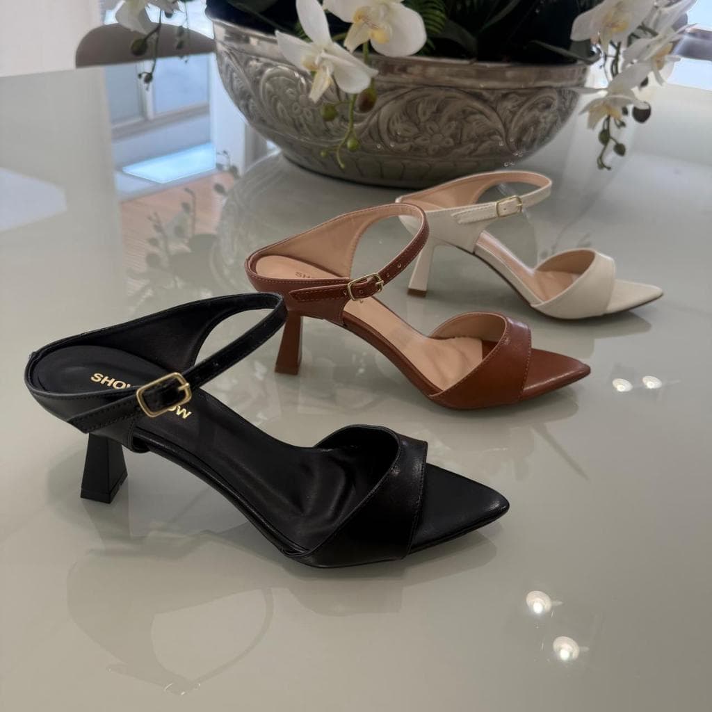 Sandália Tamanco Feminino Caramelo Salto taça 7 cm Bico Folha Confortavel Elegante