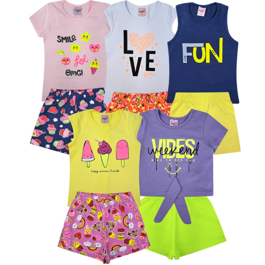 Kit 6 Roupa de Menina Infantil Sortidas Verão 3 Conjuntos Blusa e Shorts