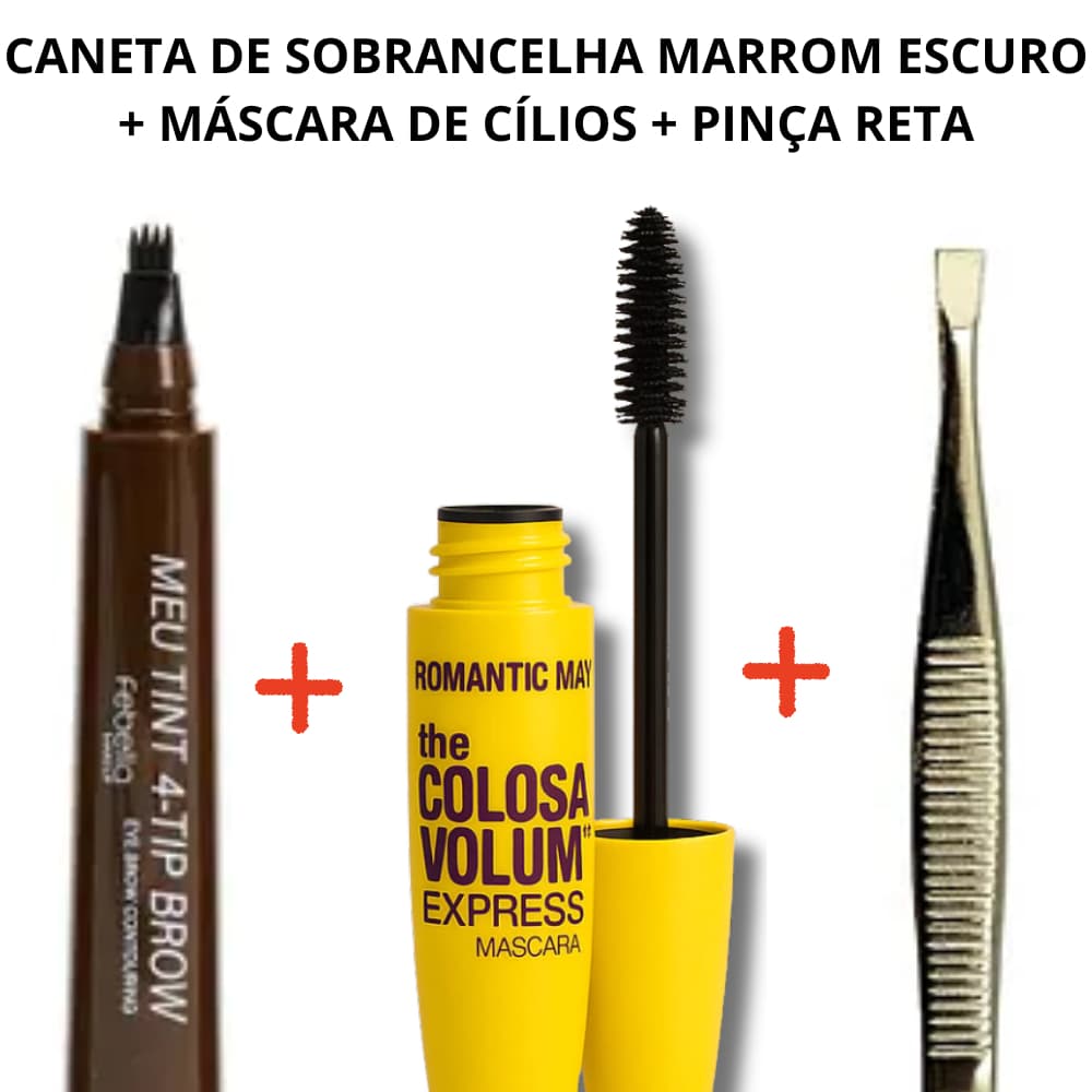 Kit Caneta de Sobrancelha Marrom Escuro Fio a Fio Rimel Mascara de Cilios The Colossal e Pinça Reta