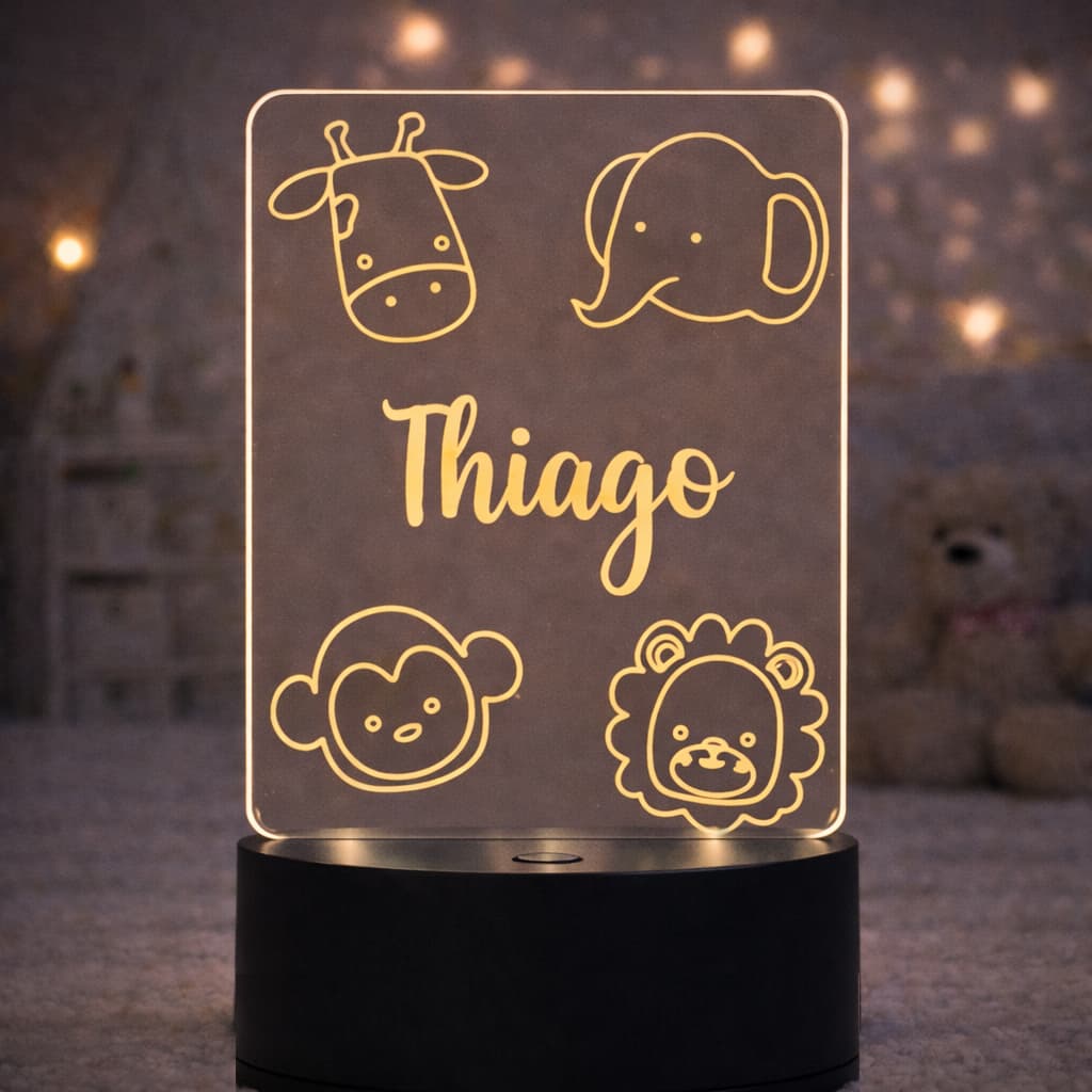 Luminária Acrílica LED Personalizada Infantil - Tema Safari com Nome
