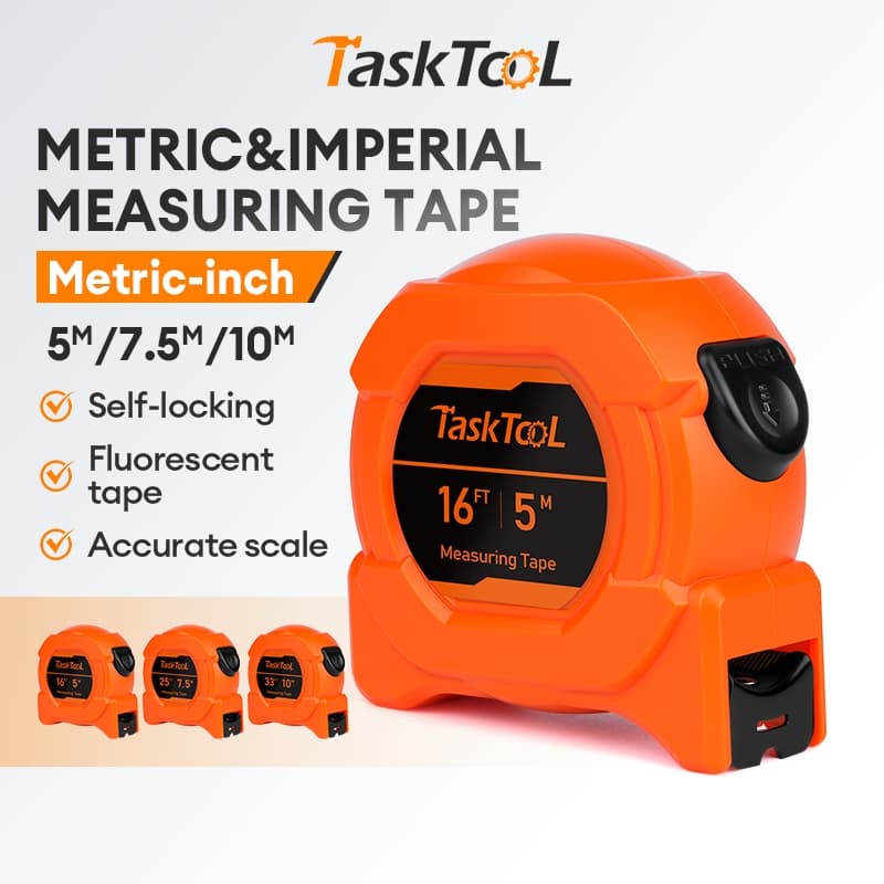 TaskTooL Trena Profissional Fita Métrica 7,5m/10m Fita Métrica Fluorescente Sistema Autotrava