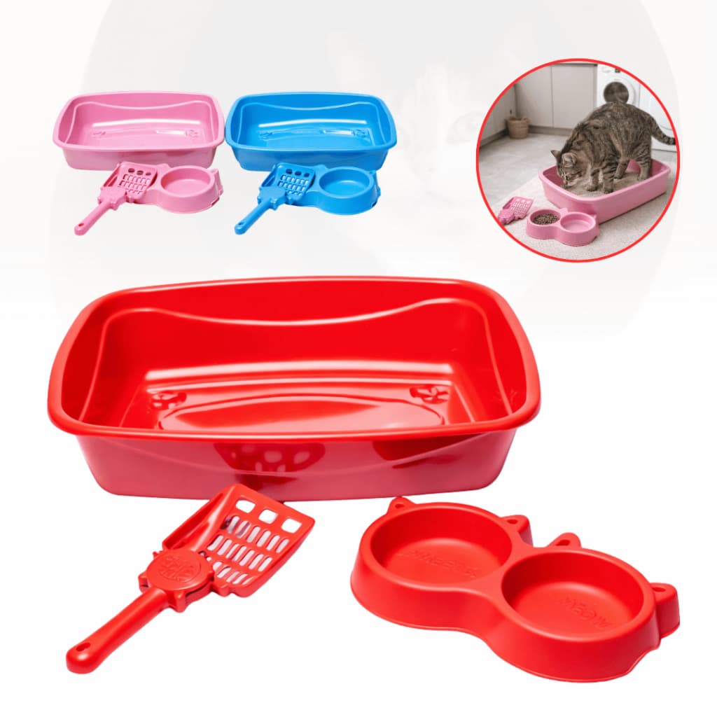Caixa de Areia Higiênica Para Gatos com Pá Comedouro Com Bebedouro Duplo Kit Gato Sanitário 3x1