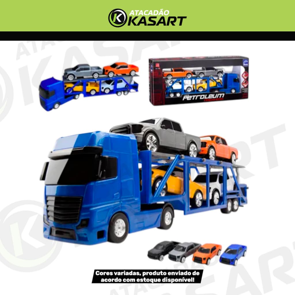 Caminhão Carreta Cegonha | Porta Carros | com 4 Pick-ups e Rampa Articulada – Cores Variadas