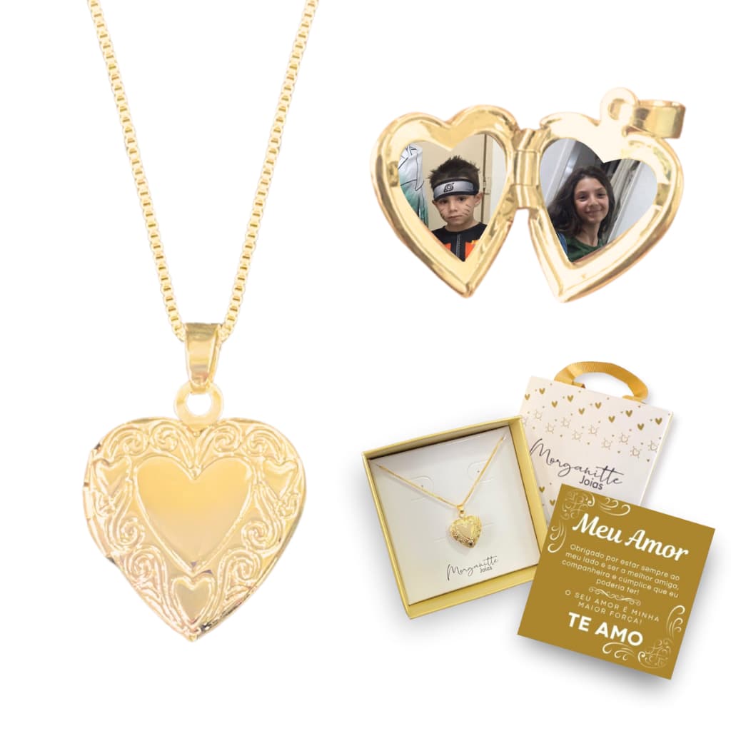 Colar com Fotos Relicário Coração pequeno banhado ouro 18k colar coração