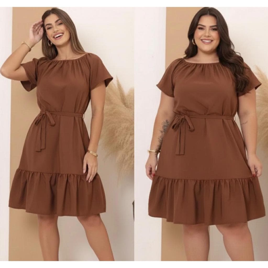 Vestido Feminino Plus Size Curto com Cinto Moda Evangélica Jovem com Babado Amarração Manga Curta