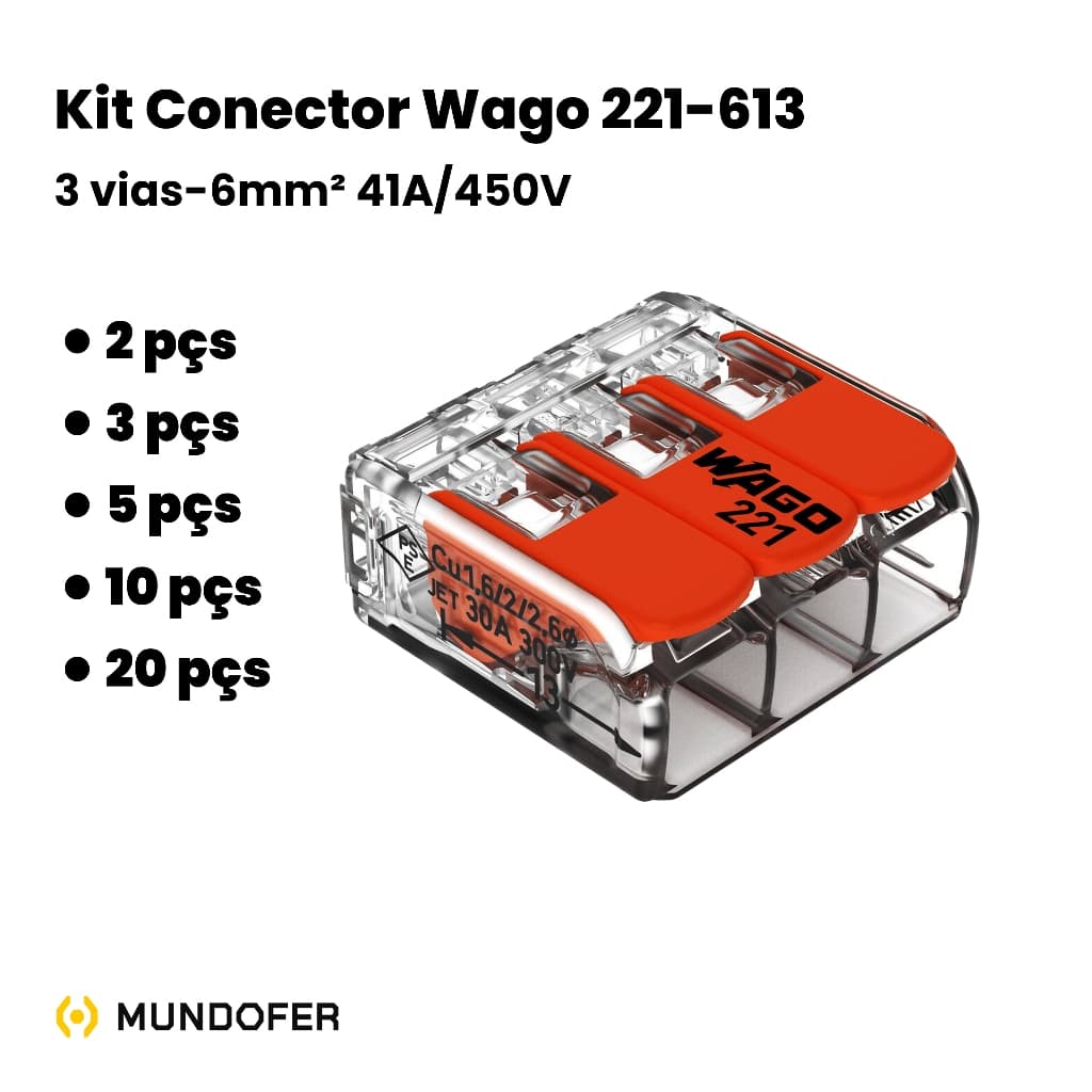 Kit 2,3,5 peças Conector Elétrico Emenda Para fios Wago 221 Original 6mm² 613