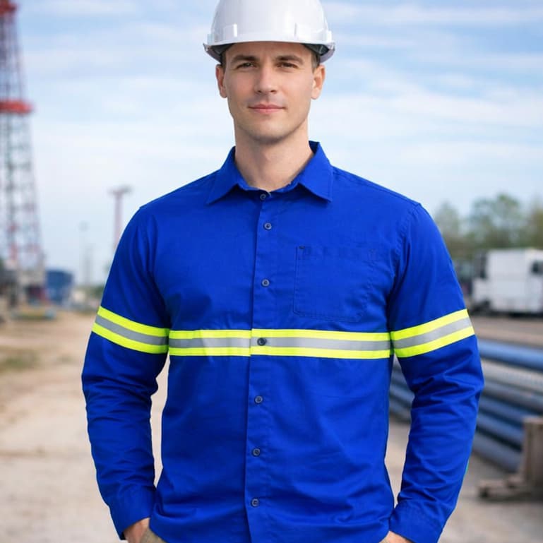 Camisa Brim Profissional Faixa Refletiva Manga Longa c/Botão Reforçada Soldador Mecânico Eletricista