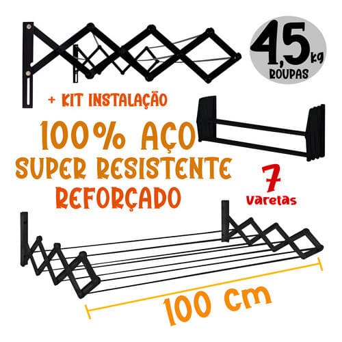 Varal Sanfonado Parede Retrátil 1 Metro Aço Preto -MOR/Secalux
