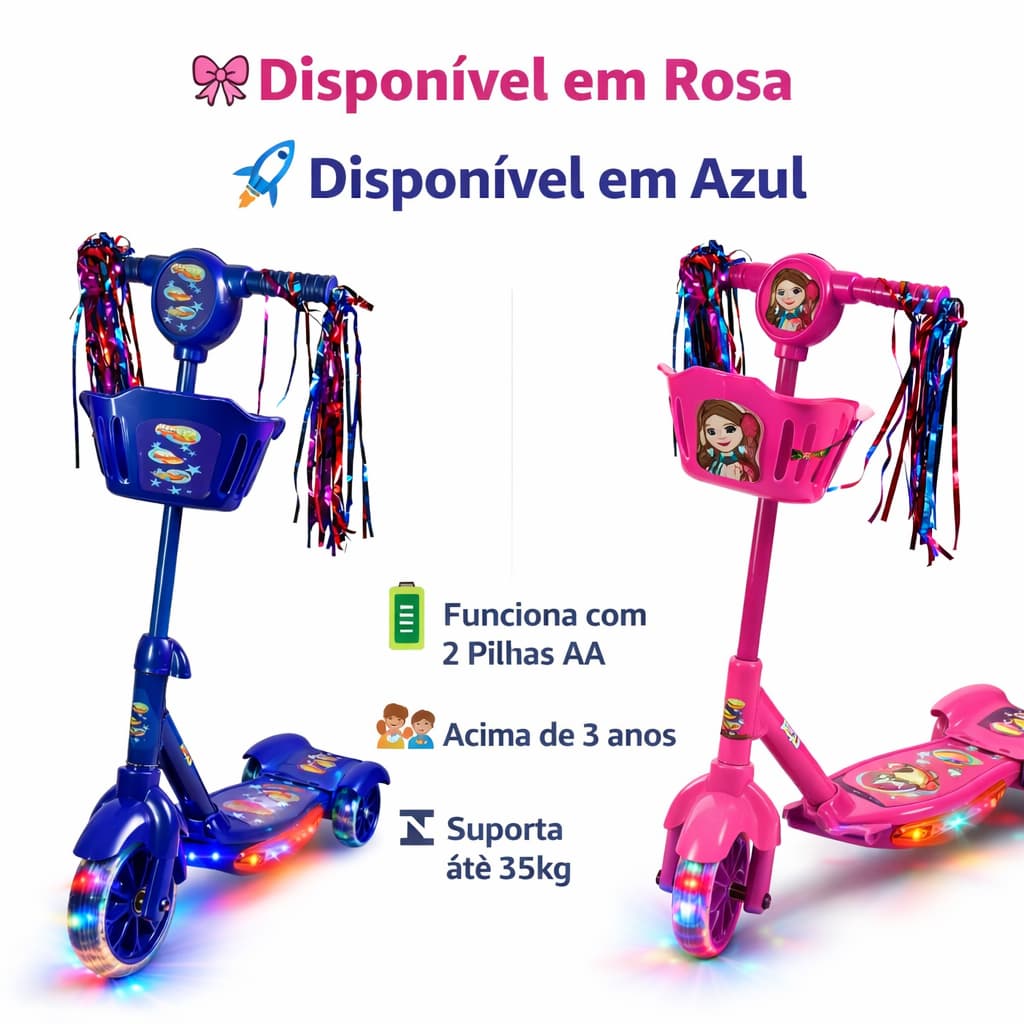Patinete Infantil 3 Rodas Dobrável com Luz e Som Rodas LED Cestinha Até 35kg