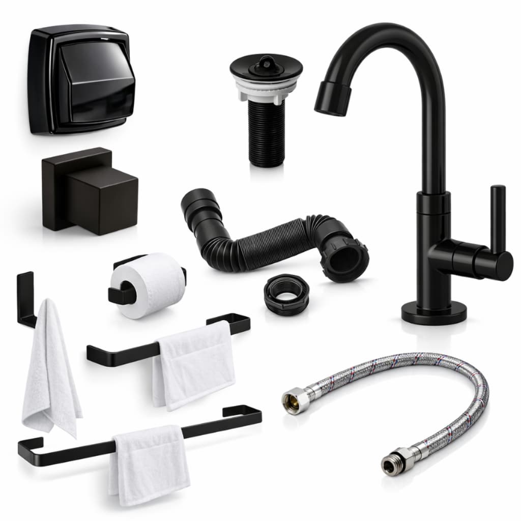 Kit Banheiro Preto Completo Torneira Lavabo + 4Pçs + Sifão + Engate 40cm + Válvula + Acab Registro + Valvula De Descarga