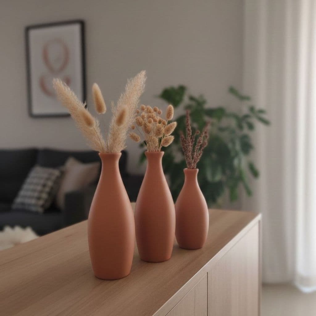 Trio de Vasos Decorativos Terracota em Cerâmica Design Moderno para Sala e Decoração