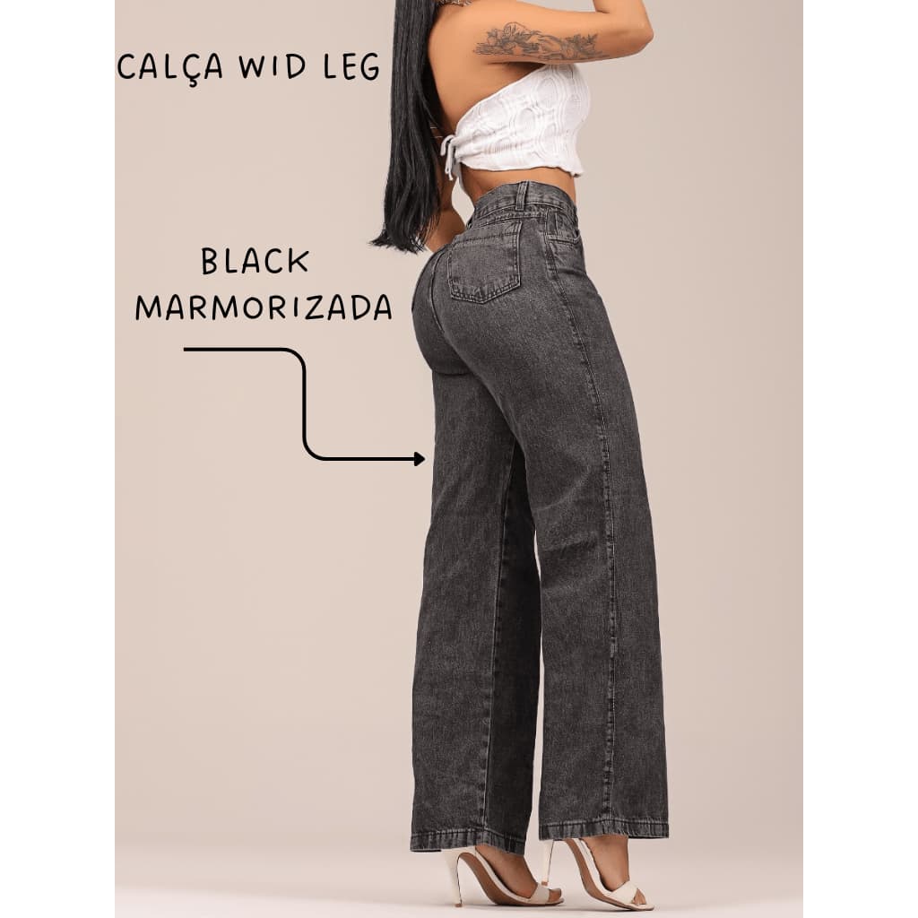 Calça Wide Leg Black Marmorizada Jeans Cintura Alta Feminina