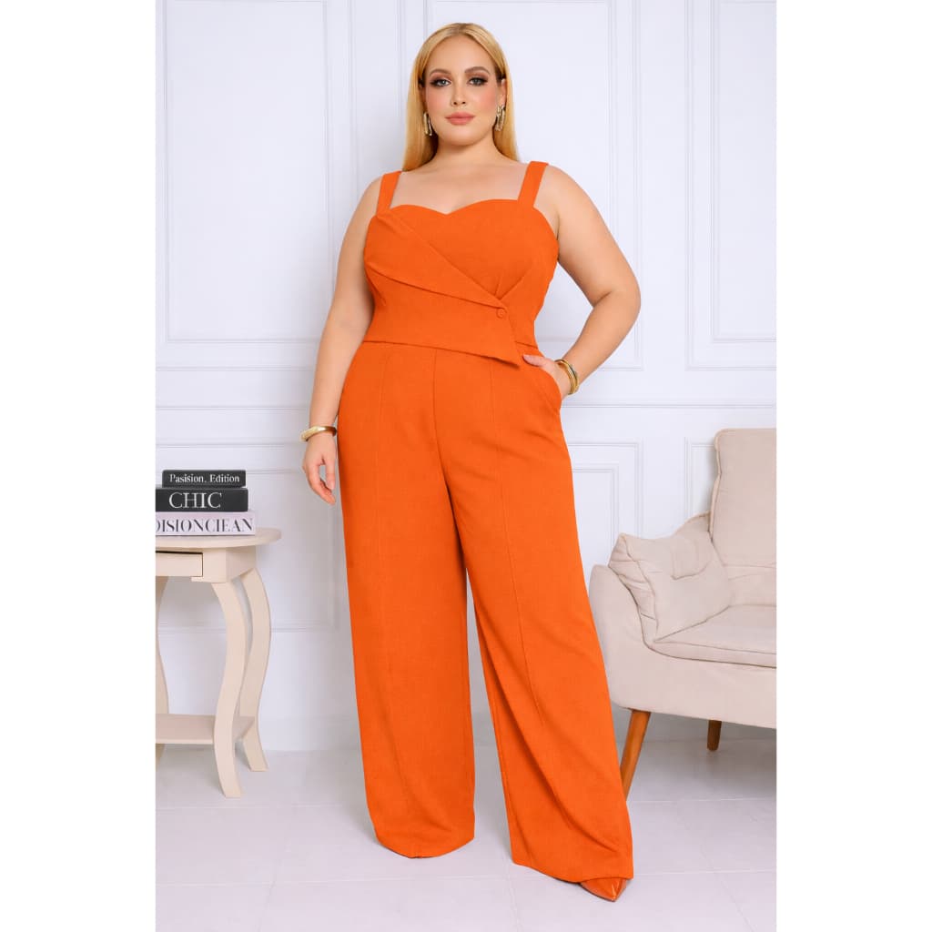 Macacão Feminino Plus Size Vermelho Pantalona Multimarcas