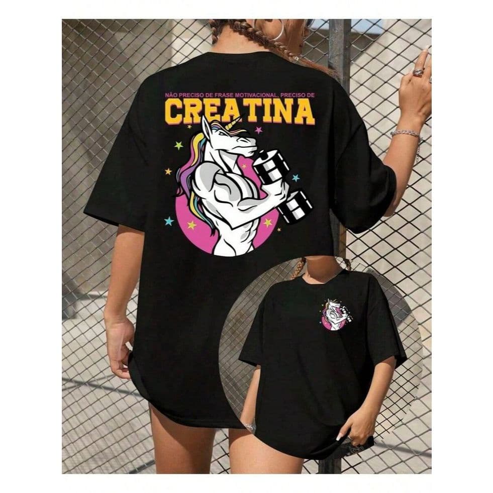 Camisa Camiseta Blusa Oversized Creatina Academia Unissex Unicornio 100% Algodão Streetwear