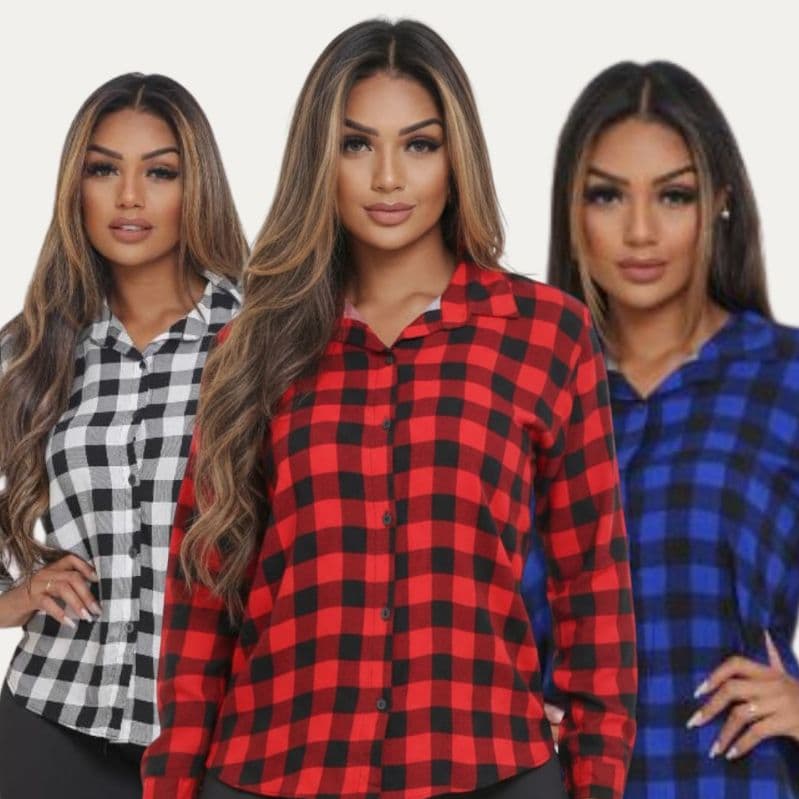 Camisa Xadrez Feminina Moda Inverno Blogueira Manga Longa Oversized Tendencia Casual Junina