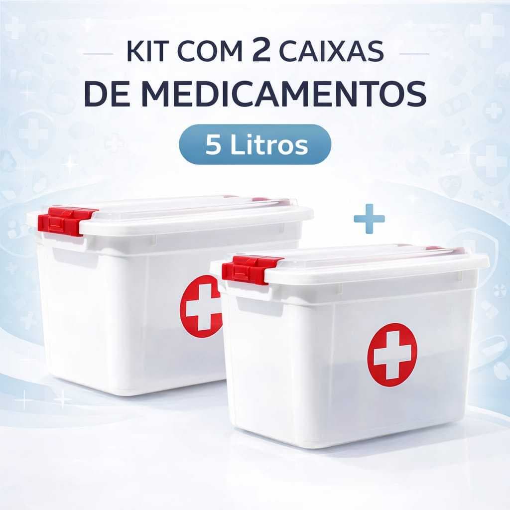 kit 2 Potes Caixas  5 Litros Primeiros Socorros Para Medicamentos Organização Remedios Com Duas Travas Tampa Segura