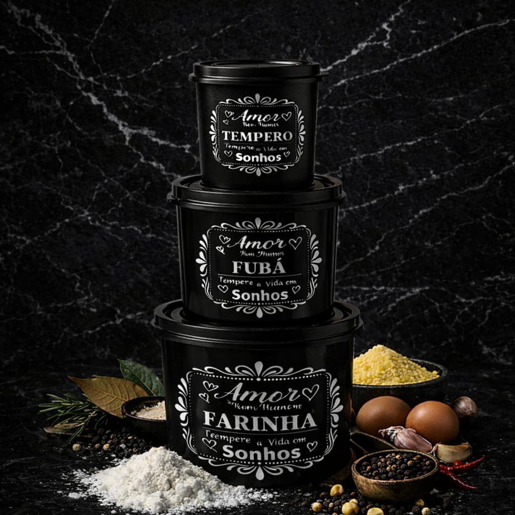 Kit Potes Organizadores Cozinha Decorativos Mantimentos Temperos Amor Bom Humor 3 pçs