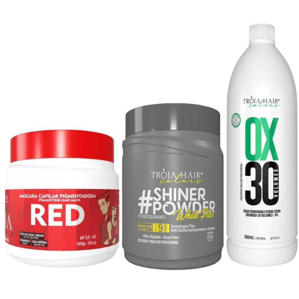 Pó Descolorante Premium 500g + OX 30 900ml + Troia Colors Red 500g - Troia Hair