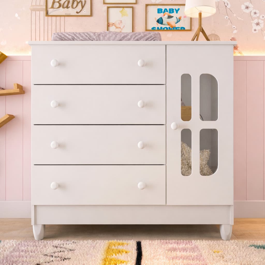 Cômoda Infantil 4 Gavetas com Porta Fraldário Gabrielle 100% MDF Branco