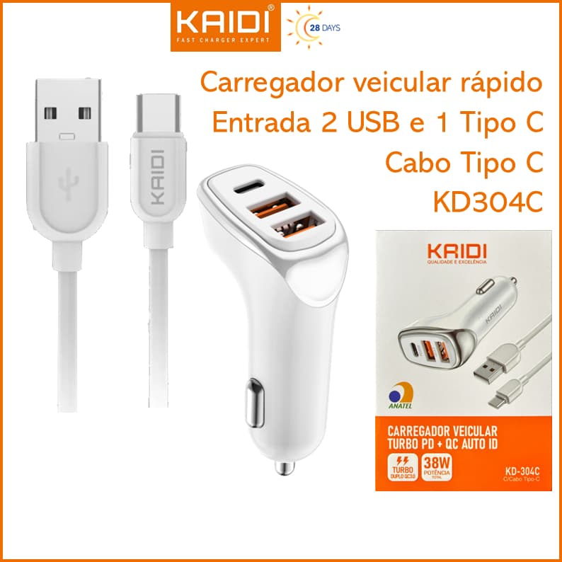 Carregador Veicular Turbo Fonte com 3 Saídas com Cabo USB para Tipo C 1m Kaidi KD-304C