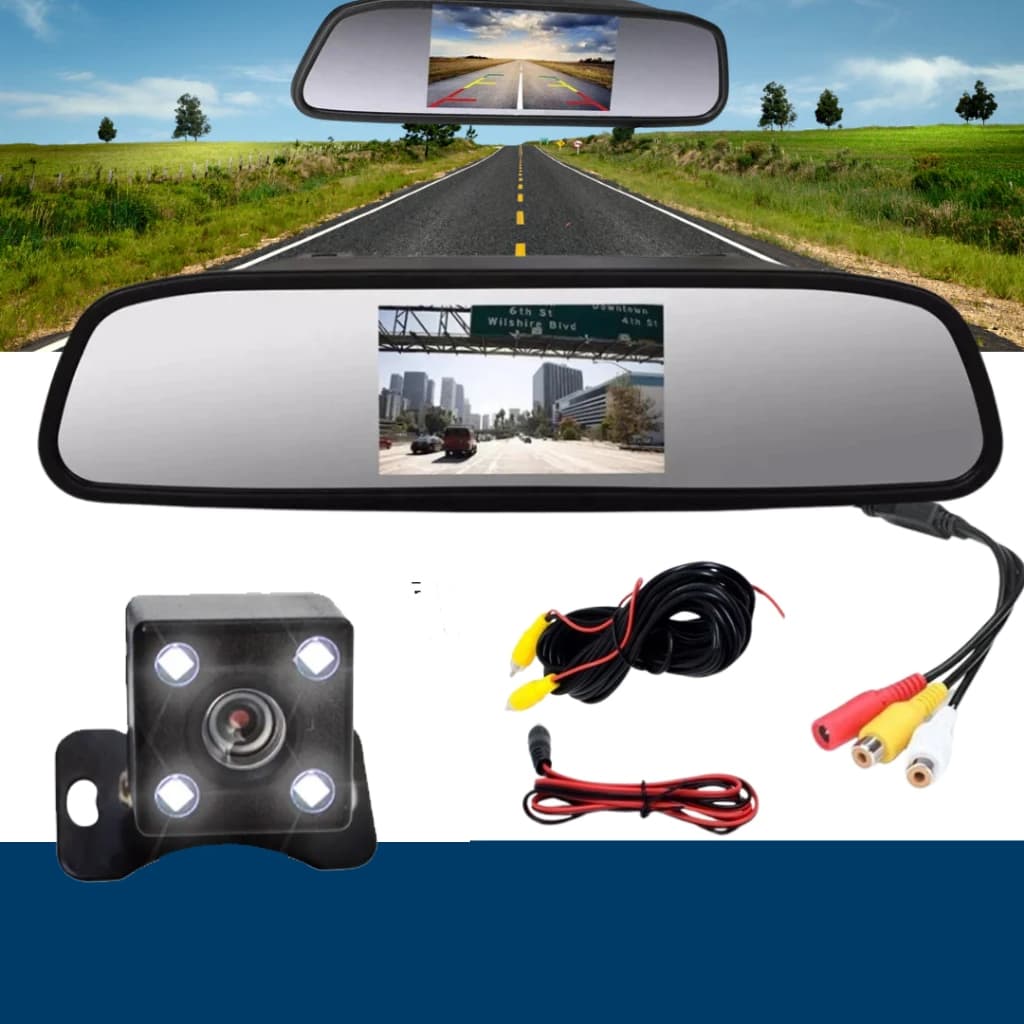 Kit Estacionamento Espelho Retrovisor Lcd Câmera Ré Colorida