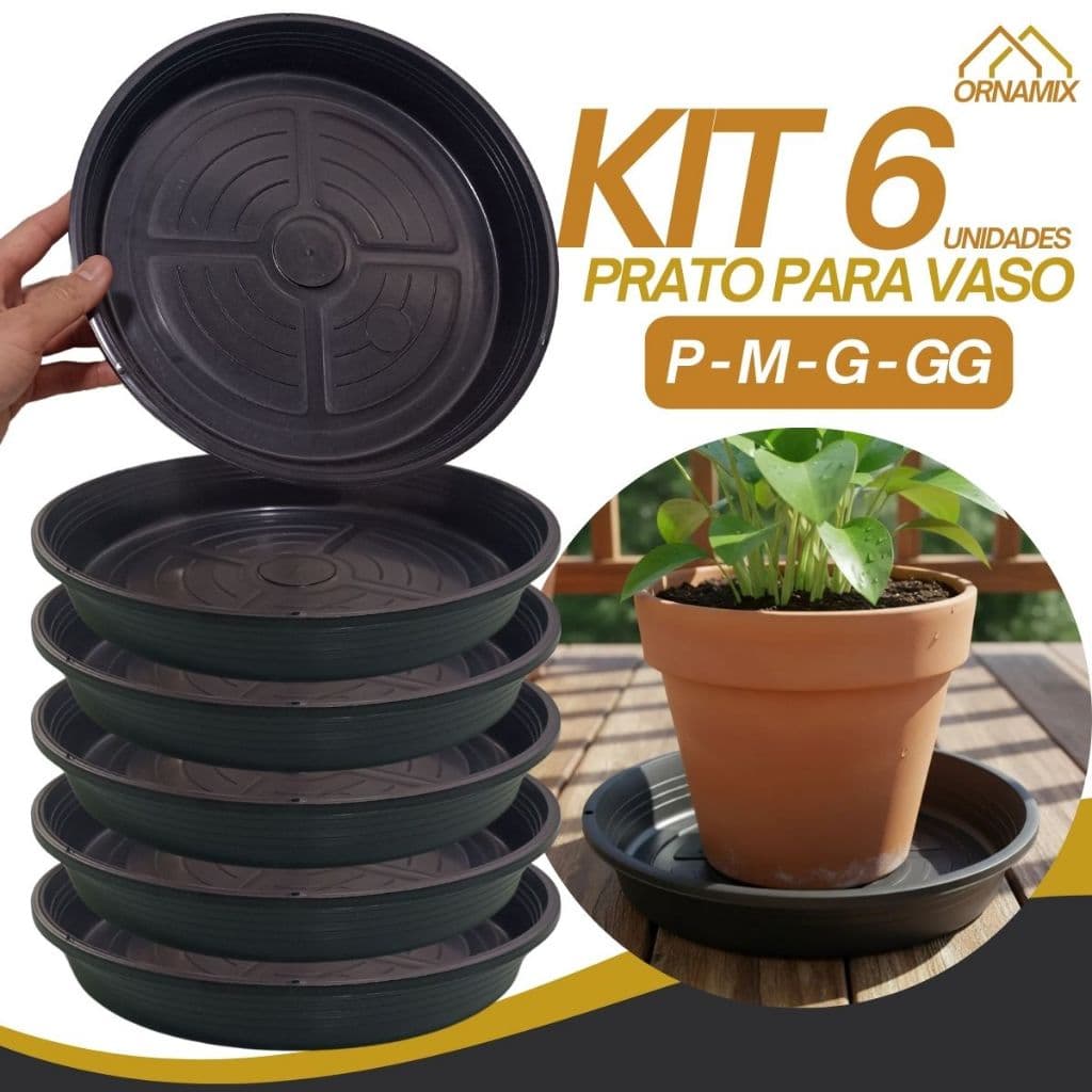 Kit 6 Prato Redondo Preto P/ Vasos De Plantas Coletor de Água Suporte Plástico Barato - Pequeno Médio Grande