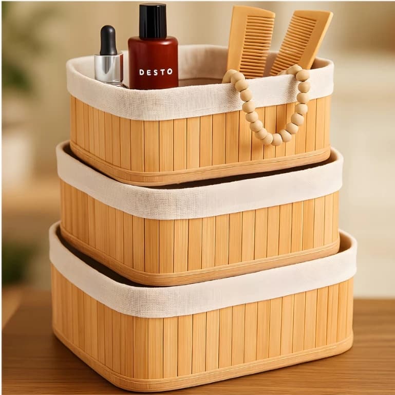 Conjunto Cestos Organizadores Bambu Decoração Casa Guarda Objetos Servir Café Caixa Natural