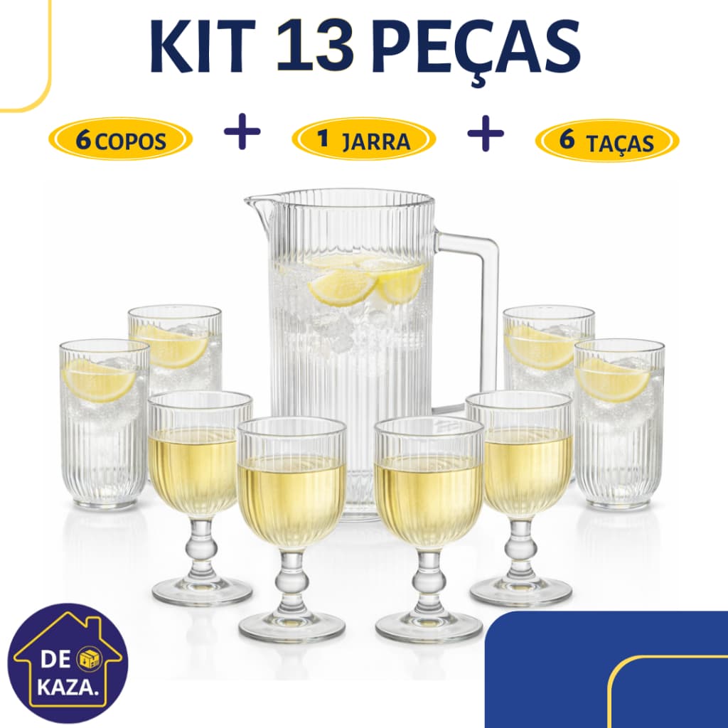 KIT Mesa Posta 13 Peças Vidro Transparente 1 Jarra + 6 Copos + 6 Taças