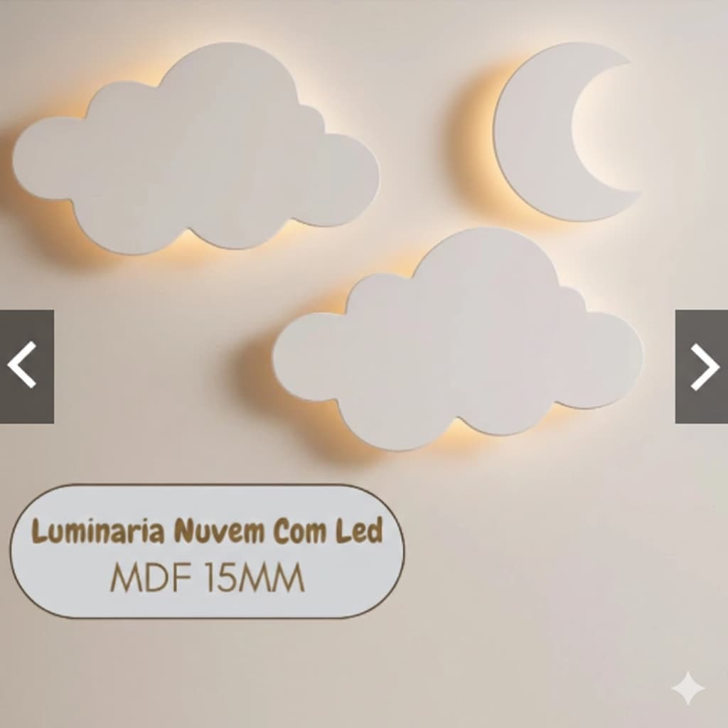 Luminária 2 Nuvem 1 Lua Em MDF 15mm Led Branca Quente 3 Peças Envio Imediato Pronta Entrega