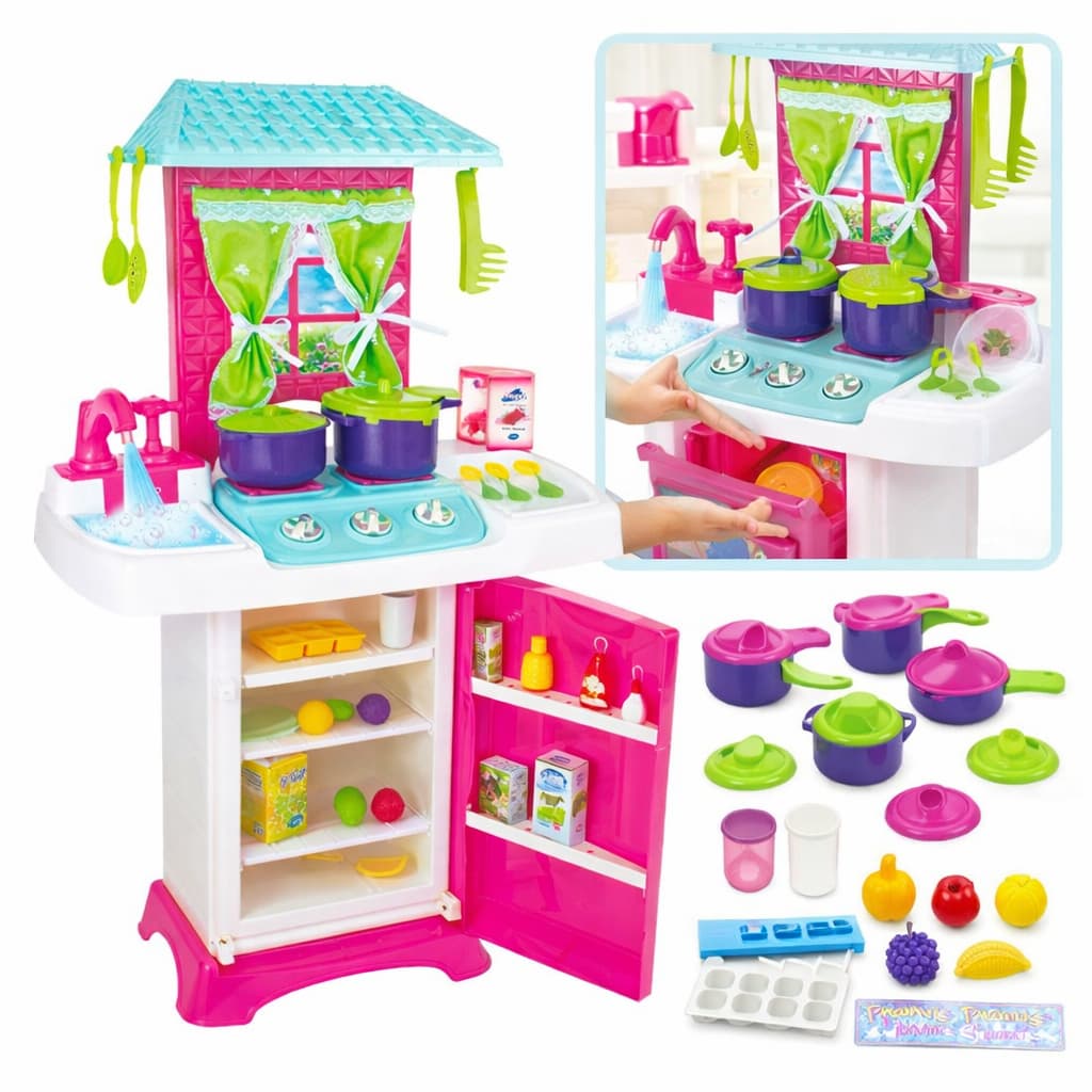 Cozinha Infantil Completa Rosa com Geladeira, Fogão e Panelinhas +3 Anos