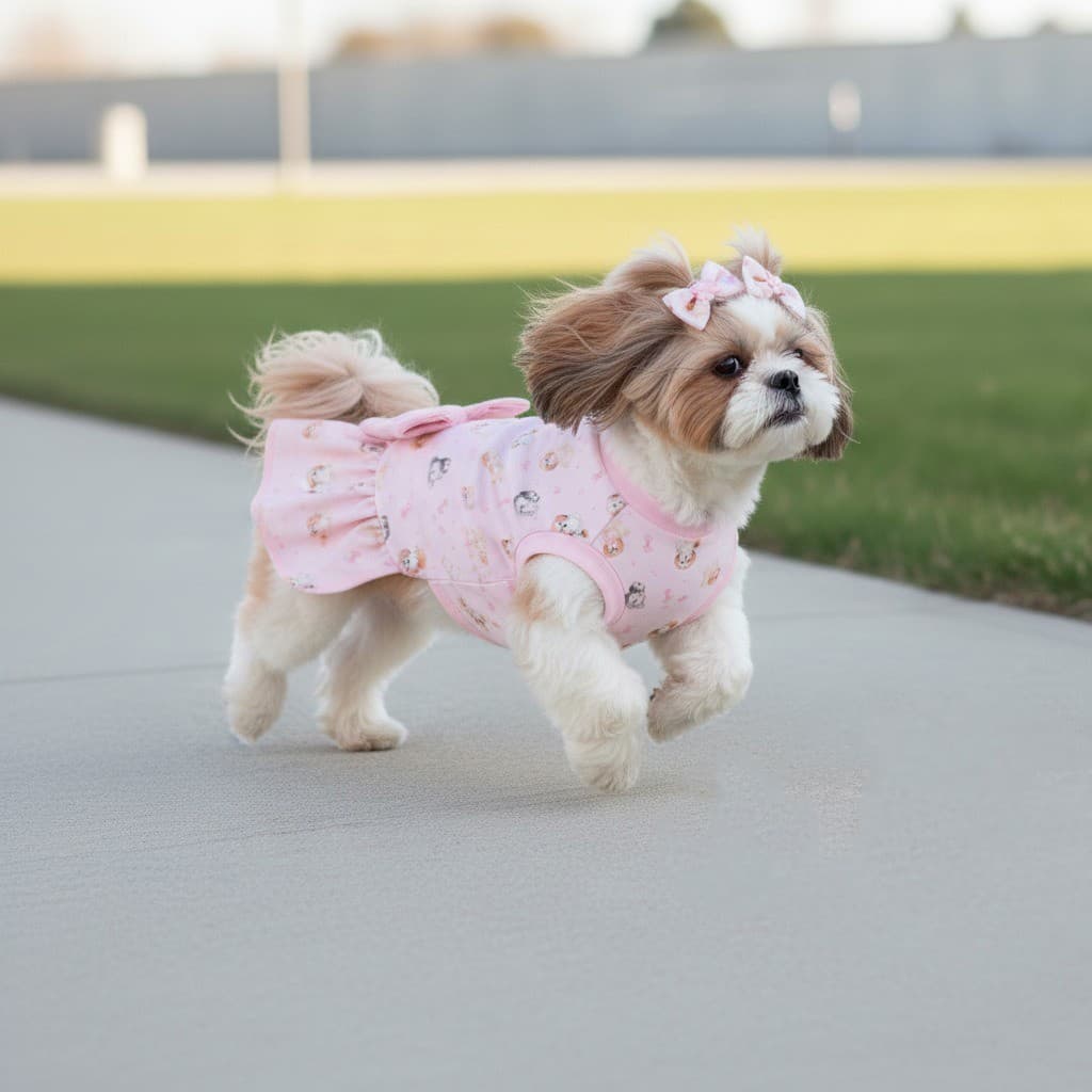 Roupa Pet para Shih Tzu Vestido Rosa com Laço Decorativo Babado Look Premium Luxo para Fêmea Pequena