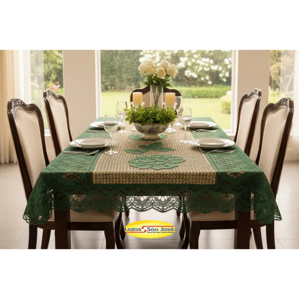 Toalha de Mesa em Renda Fibra de Coco Branil (Grossa) – 6 Cadeiras | 1,60m x 2,45m | 100% Poliamida